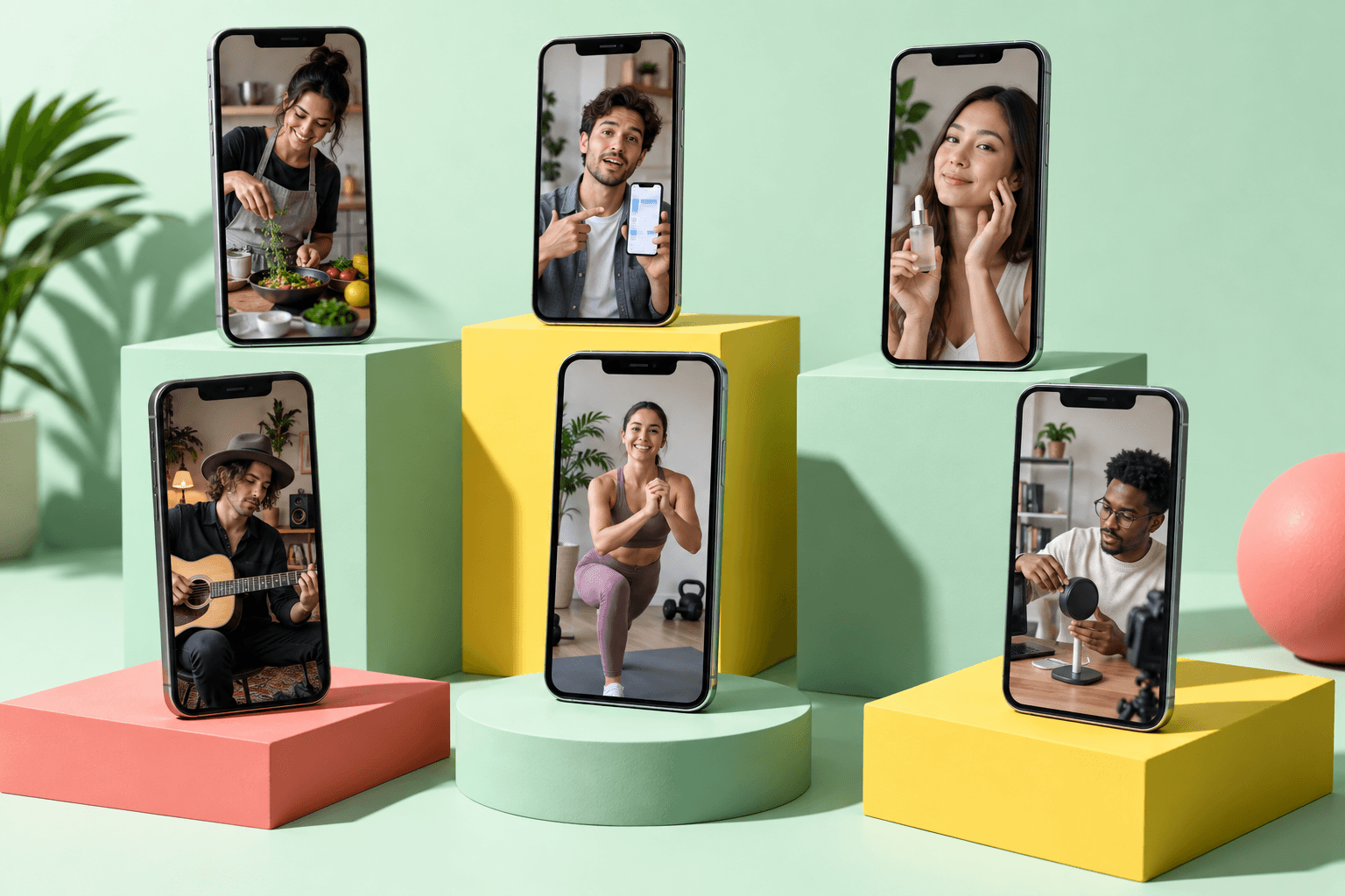 AI 生成的文章概念插图:六部手机呈现不同创作者内容,用于讲解账号矩阵方案。