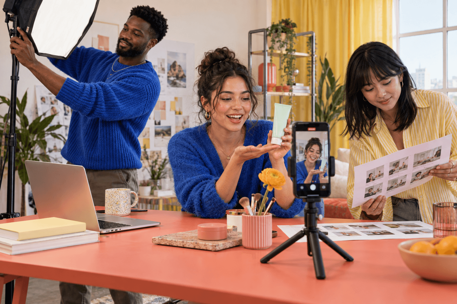 AI-generated editorial illustration of creators filming a product demonstration and reviewing a storyboard.